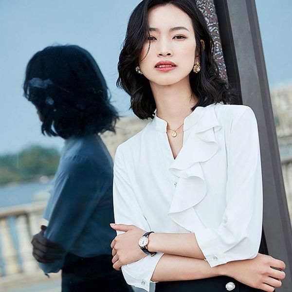 2021 new plied chiffon border medium female white shirt sleeve o57g