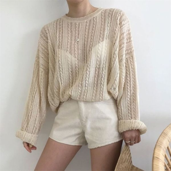 hollow knitted twist sweater with slight penetration and loose round collar 201030, White
hollow knitted twist sweater with slight penetration and loose round collar 201030, White