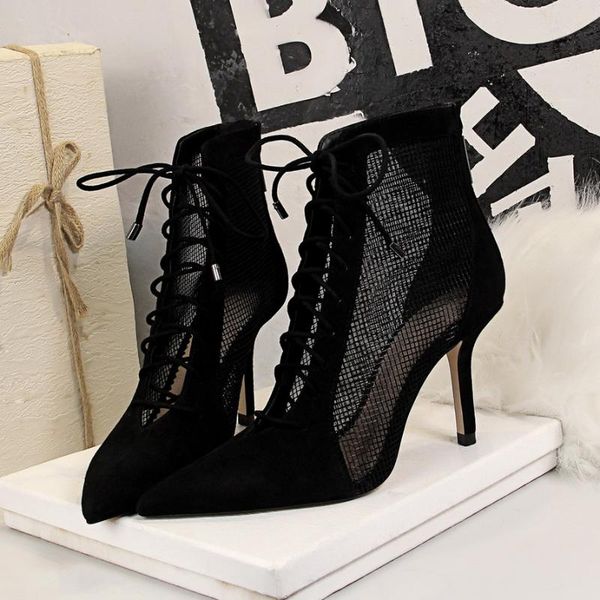 boots european and american high heel pointed cross strap suede mesh hollow lace up, Black
