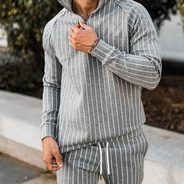 2021 new spring and autumn striped casual suit men's fitness running long-sleeved sweater slim trousers two-piece suit, Gray
2021 new spring and autumn striped casual suit men's fitness running long-sleeved sweater slim trousers two-piece suit, Gray