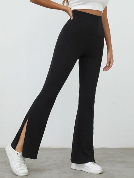 elastic waist slit hem flare leg pants t5uc#, Black;white
elastic waist slit hem flare leg pants t5uc#, Black;white