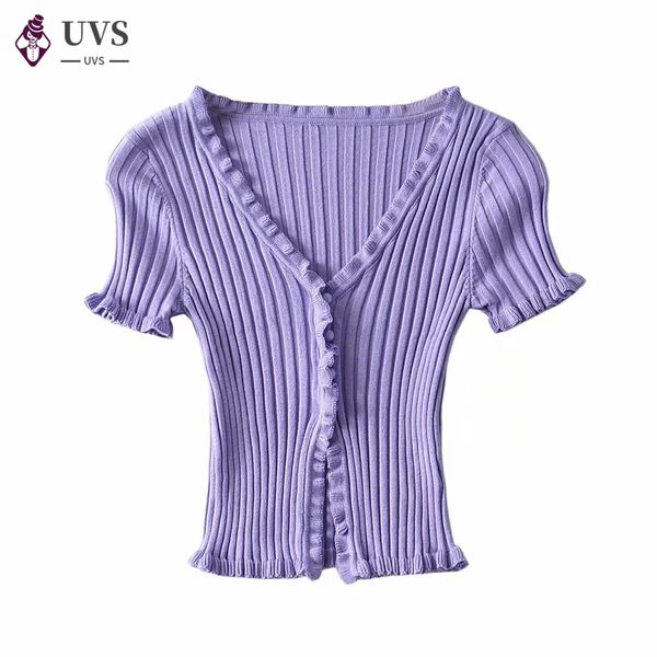 vintage v neck ruffles ladies slim summer knit tshirts casual women tees street wear femme skinny short sleeve, White 
vintage v neck ruffles ladies slim summer knit tshirts casual women tees street wear femme skinny short sleeve, White