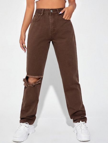 high waist slant pocket ripped straight jeans 676v#, Blue
high waist slant pocket ripped straight jeans 676v#, Blue