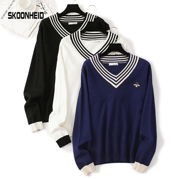 singrain women striped sweater warm knitted pullovers v neck tricot bee embroidery female winter fashion knitted sweater y200720, White;black
singrain women striped sweater warm knitted pullovers v neck tricot bee embroidery female winter fashion knitted sweater y200720, White;black