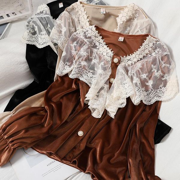 women's blouses & shirts spring autumn lace mesh round neck velvet blouse women flare long sleeve single breasted shirt female slim bro, White
women's blouses & shirts spring autumn lace mesh round neck velvet blouse women flare long sleeve single breasted shirt female slim bro, White