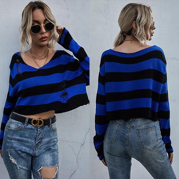 autumn women's blue stripe short knitted sweater women's long sleeve sexy, White;black
autumn women's blue stripe short knitted sweater women's long sleeve sexy, White;black