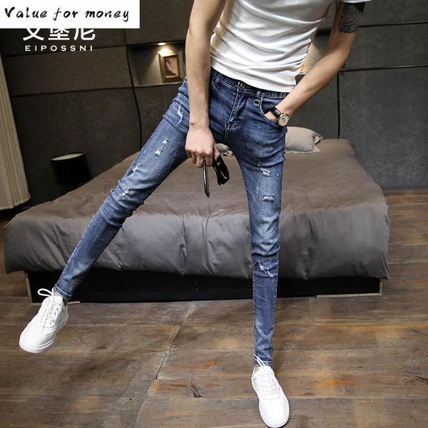 fashion spring 2020 autumn hole skinny jeans hombre male students distressed slim slimming ankle length pencil pants trousers, Blue 
fashion spring 2020 autumn hole skinny jeans hombre male students distressed slim slimming ankle length pencil pants trousers, Blue