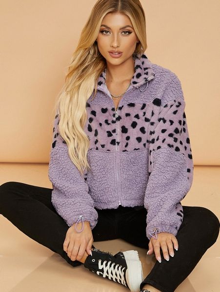 cow print drop shoulder teddy jacket v3xf#, Black;brown