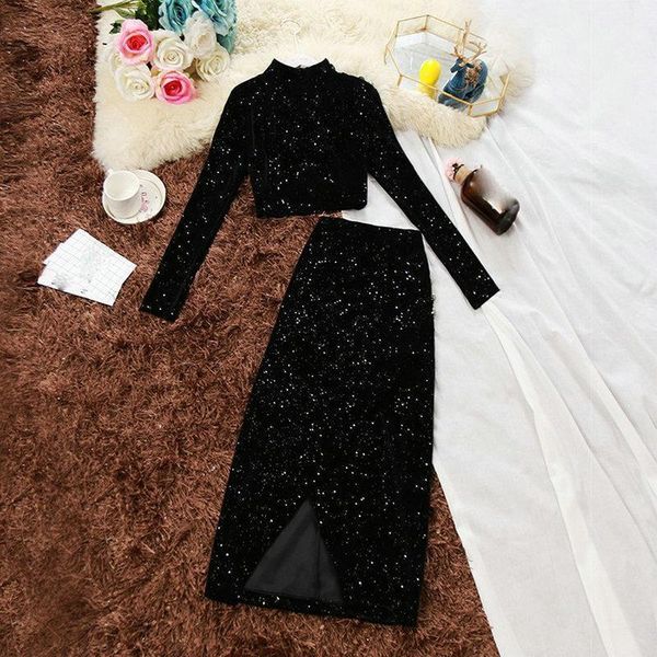 winter new women o neck sequins velvet shirt and high waist split bag buttocks long skirt suits female two piece set1, White
winter new women o neck sequins velvet shirt and high waist split bag buttocks long skirt suits female two piece set1, White