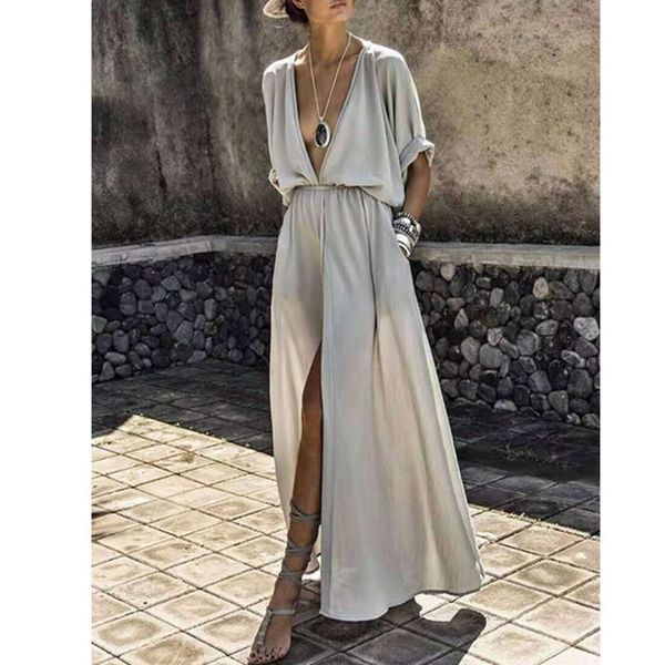 women's new fashion mid sleeve slit long drs, Black;gray