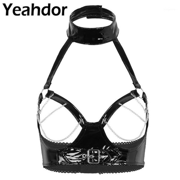womens wet look pu leather open cups lingerie halter neck hollow out bust with metal chain tassel bra crop bra, White
womens wet look pu leather open cups lingerie halter neck hollow out bust with metal chain tassel bra crop bra, White