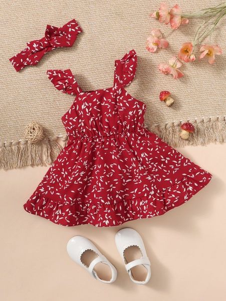 baby ruffle hem leaves print dress with headband she, Red;yellow