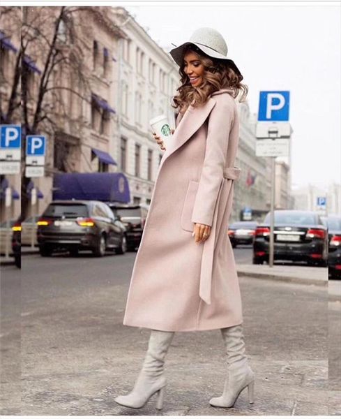 elegant long womens coat lapel 2 pockets belted jackets solid color coats female outerwear single breasted coats, Black