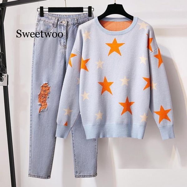 plus size sweater and denim pants two piece set women fashion jacquard loose pullover jumper and hole pencil jeans suit1, White
plus size sweater and denim pants two piece set women fashion jacquard loose pullover jumper and hole pencil jeans suit1, White