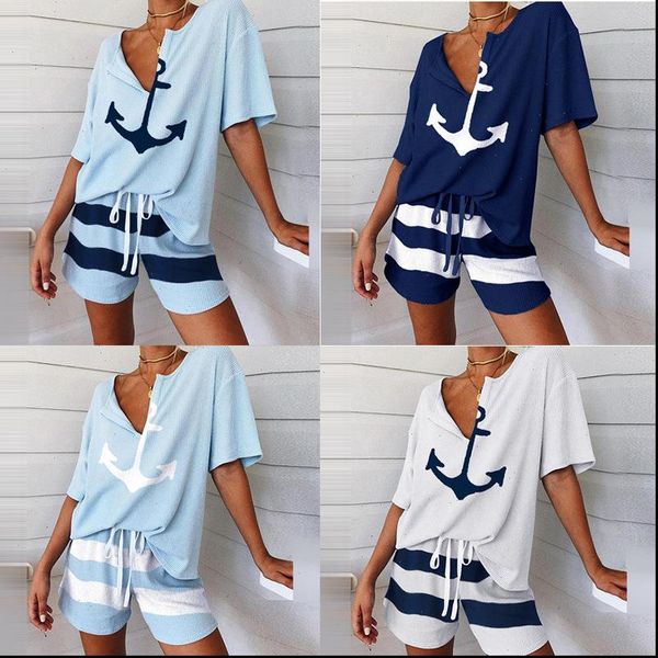 2021 popular womens v neck boat anchor pattern printed short sleeve and shorts 2 piece set, Gray
2021 popular womens v neck boat anchor pattern printed short sleeve and shorts 2 piece set, Gray