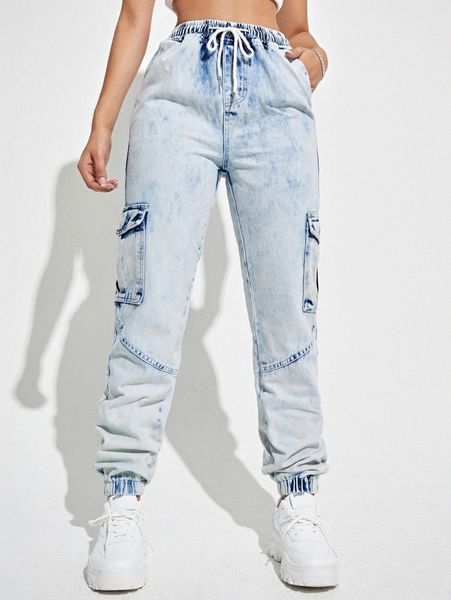 high waisted flap pocket cargo jeans 153x#, Blue
