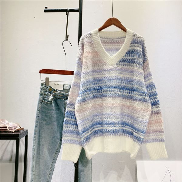 2021 new autumn v-neck gradient color long sleeve loose style sweater winter women pullovers pull femme ypu2, White
2021 new autumn v-neck gradient color long sleeve loose style sweater winter women pullovers pull femme ypu2, White