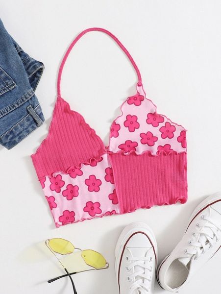 daisy print lettuce edge halter m2gr#, White 
daisy print lettuce edge halter m2gr#, White