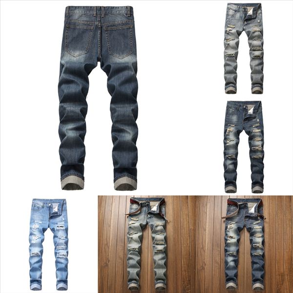 s1nju hole men jeans fashion street casual mens jeans slim tight hole jeans baggy blue hip man pants street denim hop elastic, Black