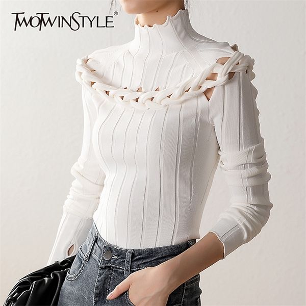 twotwinstyle slim twist kink sweater for women turtleneck long sleeve hollow out knitted female fashion new clothing 201221, White;black
twotwinstyle slim twist kink sweater for women turtleneck long sleeve hollow out knitted female fashion new clothing 201221, White;black