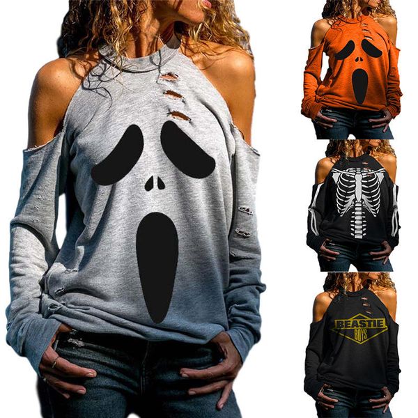 women leisure casual strapless long-sleeve t-shirt skull hole printing round neck loose bottoming, White
women leisure casual strapless long-sleeve t-shirt skull hole printing round neck loose bottoming, White
