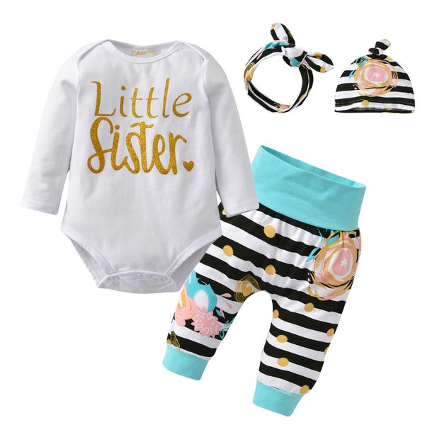 4pcs newborn baby girl clothes little sister outfits letter print romper+striped pant+hat+headband infant clothing set 1021, White
4pcs newborn baby girl clothes little sister outfits letter print romper+striped pant+hat+headband infant clothing set 1021, White