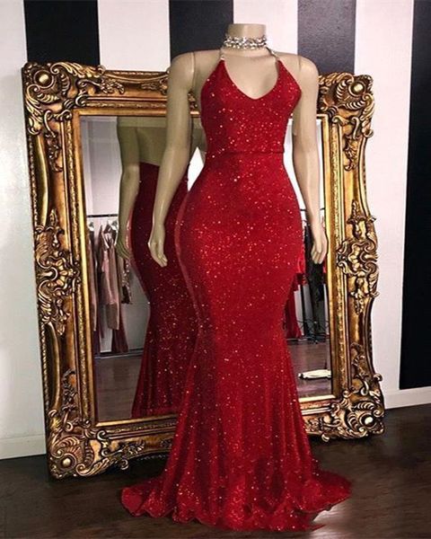 2021 sparkly red sequins prom dresses halter mermaid long evening prom gowns low back arabic party dress, Black;red
2021 sparkly red sequins prom dresses halter mermaid long evening prom gowns low back arabic party dress, Black;red