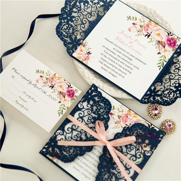 (10 pieces/lot) laser cut flower navy blue wedding invitation card pink ribbon marriage quinceanera invitations with rsvp ic1461
(10 pieces/lot) laser cut flower navy blue wedding invitation card pink ribbon marriage quinceanera invitations with rsvp ic1461