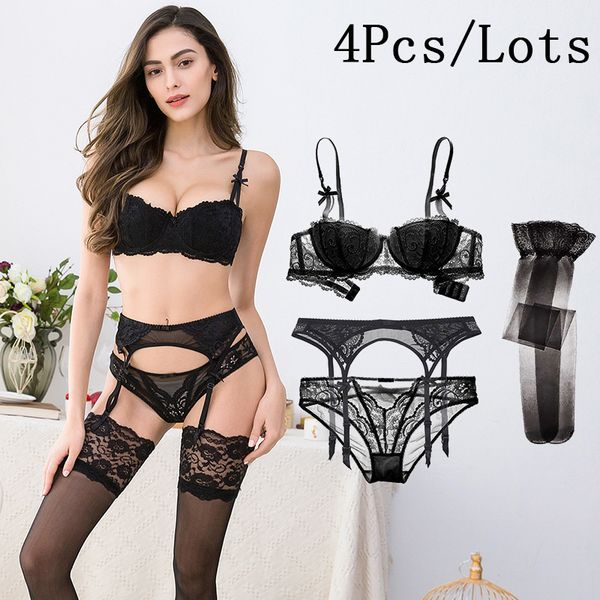 cotton lace bra+panties+garter+stockings 4 pcs gather underwear push up embroidery half cup bra and transparent panty set y200708, Red;black
cotton lace bra+panties+garter+stockings 4 pcs gather underwear push up embroidery half cup bra and transparent panty set y200708, Red;black