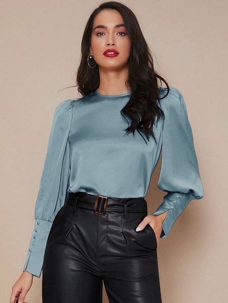 buttoned cuff lantern sleeve satin q1fa#, White
buttoned cuff lantern sleeve satin q1fa#, White