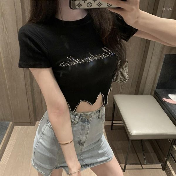 2020 summer new slim short-sleeved rhinestone irregular t-shirt short section exposed navel thin women's clothing1, White
2020 summer new slim short-sleeved rhinestone irregular t-shirt short section exposed navel thin women's clothing1, White