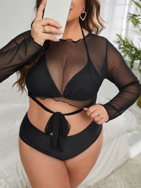 3pack plus solid triangle bikini swimsuit & cover up q9re#, Black