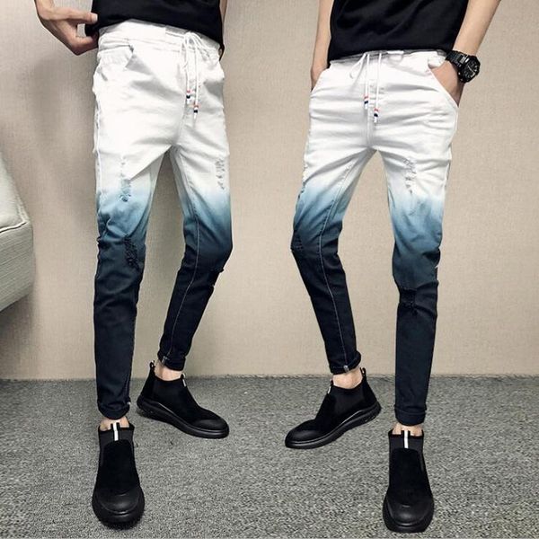 men denim pants jeans drawstring men gradient color street wear jeans hip hop slim fit casual skinny ripped, Blue
men denim pants jeans drawstring men gradient color street wear jeans hip hop slim fit casual skinny ripped, Blue