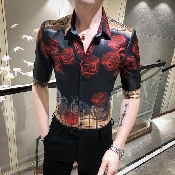 men's casual shirts shirt men fashion rose print slim five-point sleeve male personality social party dress blouse summer arrival, White;black
men's casual shirts shirt men fashion rose print slim five-point sleeve male personality social party dress blouse summer arrival, White;black