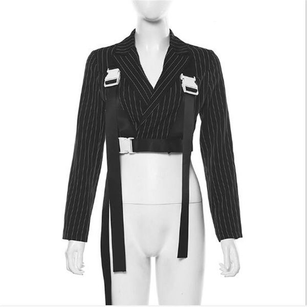 women buckle belt suspends streetwear stripe casual suit blazer jacket long sleeve crop female short clothes, White;black
women buckle belt suspends streetwear stripe casual suit blazer jacket long sleeve crop female short clothes, White;black