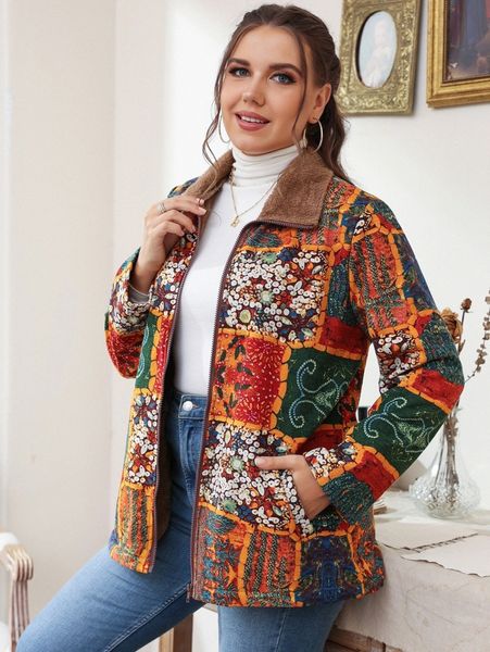 plus patchwork print teddy lined zipper coat 88c9#, Black
plus patchwork print teddy lined zipper coat 88c9#, Black