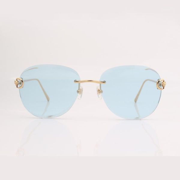 rimless women sunglasses blue transparent lens with leopard head and crystal1, White;black
rimless women sunglasses blue transparent lens with leopard head and crystal1, White;black
