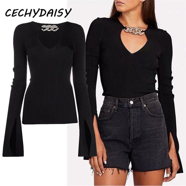 flare sleeve sweater pullover women v neck chain hollow out basic slim thin knit jumper elastic chic pull femme clothes 201130, White;black
flare sleeve sweater pullover women v neck chain hollow out basic slim thin knit jumper elastic chic pull femme clothes 201130, White;black