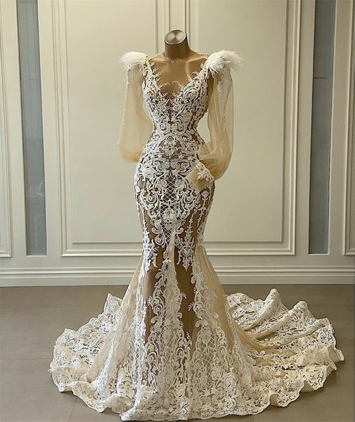 chic mermaid wedding dresses with long wrap feather beads bridal gowns v neck floral appliques gorgeous dubai custom made robes de mariée, White
chic mermaid wedding dresses with long wrap feather beads bridal gowns v neck floral appliques gorgeous dubai custom made robes de mariée, White