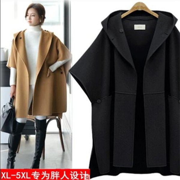 women's casual woolen coat spring autumn large loose batwing sleeve cloak jacket plus size hooded wool overcoats 5xl w611x1020, Black
women's casual woolen coat spring autumn large loose batwing sleeve cloak jacket plus size hooded wool overcoats 5xl w611x1020, Black