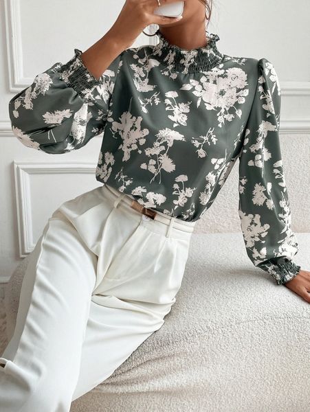stand collar floral print flounce sleeve blouse b0ig#, White 
stand collar floral print flounce sleeve blouse b0ig#, White