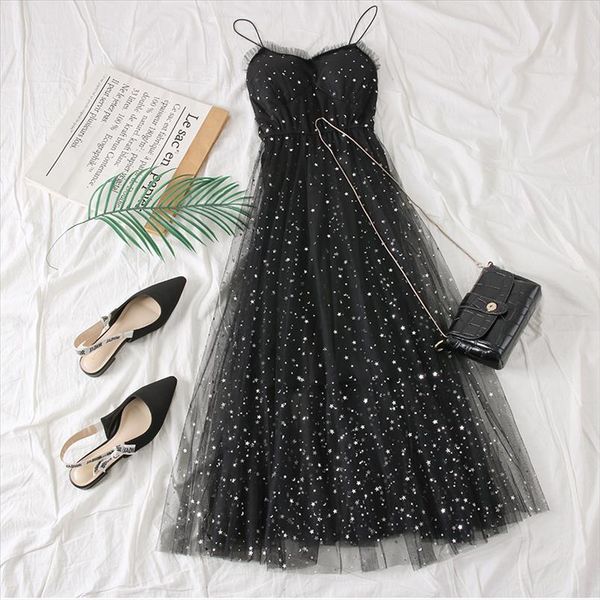 holiday summer shining beach dresses 2019 new korean sweet mesh long womens spaghetti strap star sequins dress female vestidos, Black;gray
holiday summer shining beach dresses 2019 new korean sweet mesh long womens spaghetti strap star sequins dress female vestidos, Black;gray