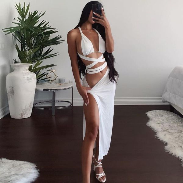 bkld bandage hollow out white and drawstring ruched high split skirt two piece set women bodycon party night clubwear, Gray 
bkld bandage hollow out white and drawstring ruched high split skirt two piece set women bodycon party night clubwear, Gray