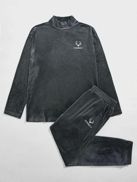 men velvet letter embroidery mock neck tee with sweatpants x3oq#, Gray
men velvet letter embroidery mock neck tee with sweatpants x3oq#, Gray