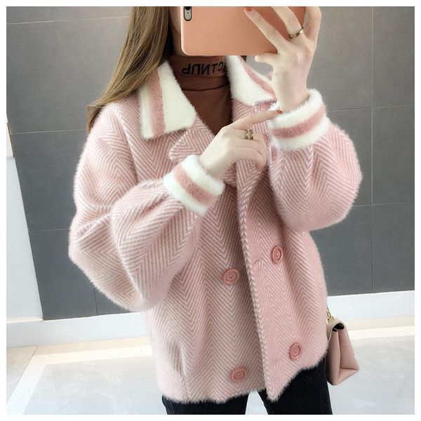 double breasted spring coat women sweater knitted mink jacket womens short section pretty herringbone woolen cardigan f2709, White;black
double breasted spring coat women sweater knitted mink jacket womens short section pretty herringbone woolen cardigan f2709, White;black