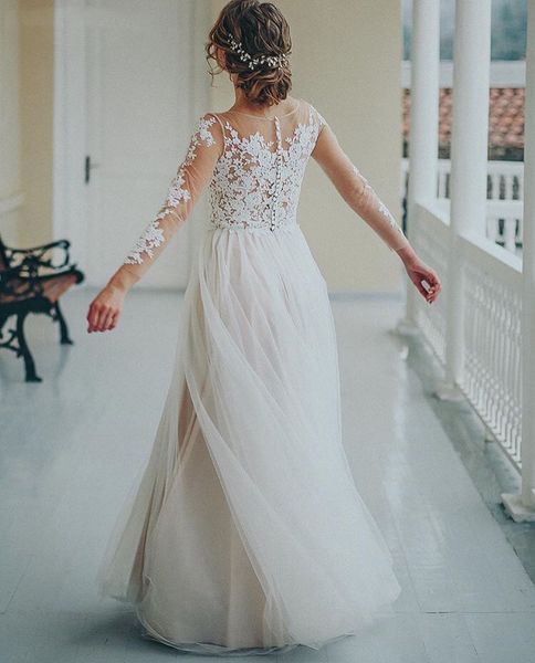 pretty a line lace wedding dress boho beach garden bridal gowns illusion long sleeves simple bride dresses tulle back covered buttons vestid, White
pretty a line lace wedding dress boho beach garden bridal gowns illusion long sleeves simple bride dresses tulle back covered buttons vestid, White