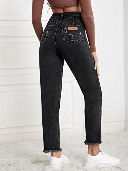 high waist letter patch ripped raw hem mom jeans y6fz#, Blue
high waist letter patch ripped raw hem mom jeans y6fz#, Blue