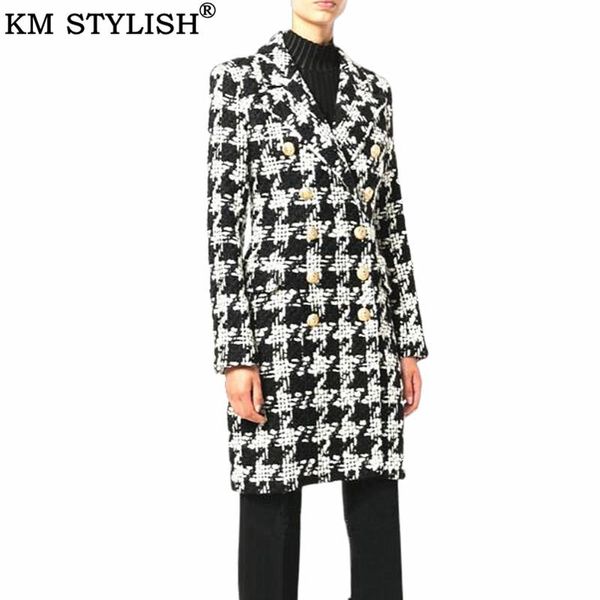 women's wool & blends 2021 fall winter jacket metal buckle double breasted houndstooth tweed woolen slim long, Black
women's wool & blends 2021 fall winter jacket metal buckle double breasted houndstooth tweed woolen slim long, Black