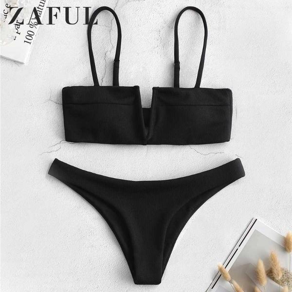 

zaful ribbed knot v-wired padded bikini set women spaghetti straps padded wire beachwear low waisted solid two pieces set1