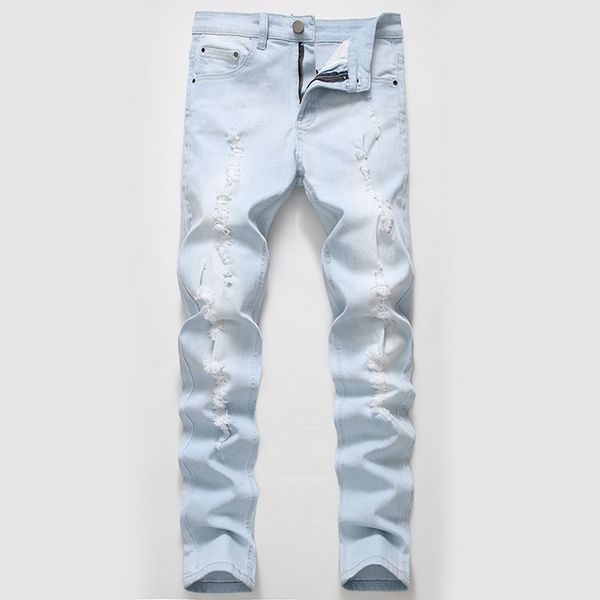 straight fit stretch autumn new light blue pierced men's jeans
